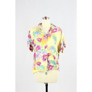 Vintage 90's JAMS WORLD Yellow Floating Garden Twill Camp Shirt Blouse, Size M